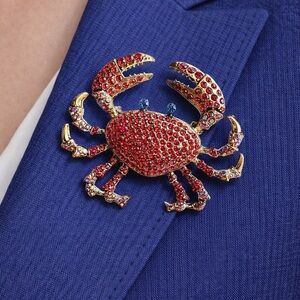 Chic Gold & Red Crab Brooch Coastal Nautical Statement Pin